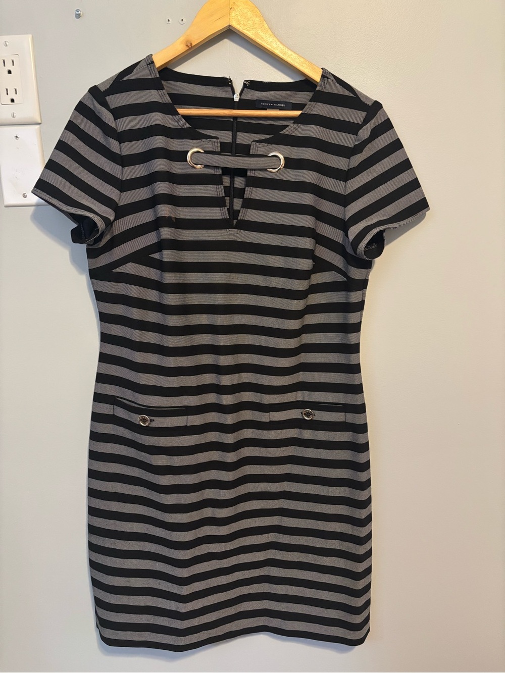 Striped Short Sleeve Mini Dress with Metal-Ring Detail - Black & Gray